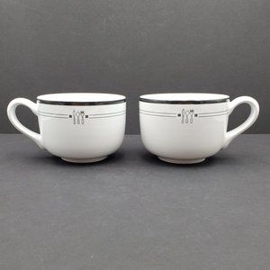 Emeril EMI2 Large Coffee Mugs Soup Mugs White Mug Black Bands Knife Fork Spoon